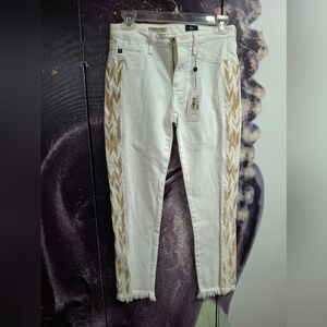 Adrian Goldschmied AG color white jeans with embroidered cream/brown trim,NWT
